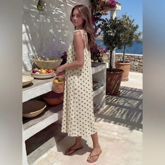 Chic Cream Brown Bow Midi Dress New Comfy Cozy Everyday Wear Boutique - Picture 3 of 6